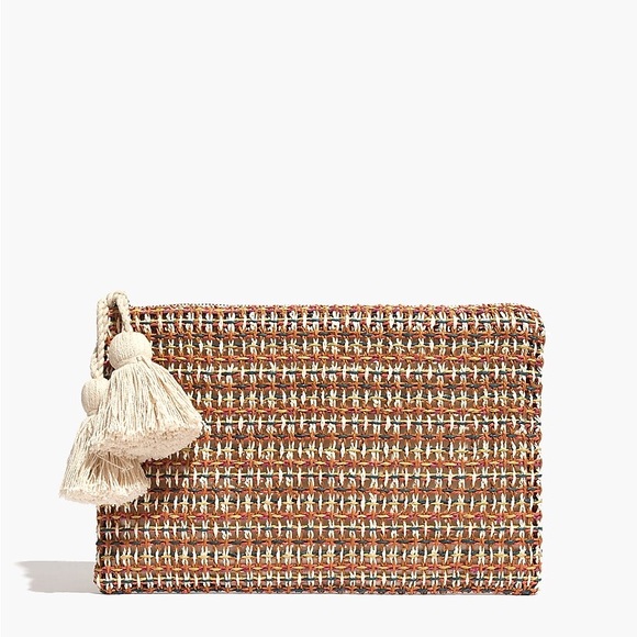 Madewell Handbags - Madewell Raffia Large Zip Pouch 2 Tassels Rainbow Weave Clutch Beach Coastal
